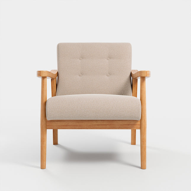 Accent Linen Fabric Buttoned Armchair Wooden Frame Beige