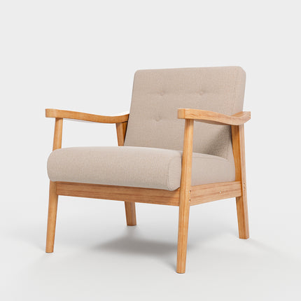 Accent Linen Fabric Buttoned Armchair Wooden Frame Beige