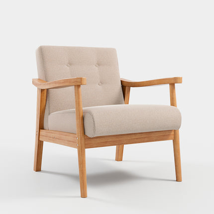 Accent Linen Fabric Buttoned Armchair Wooden Frame Beige