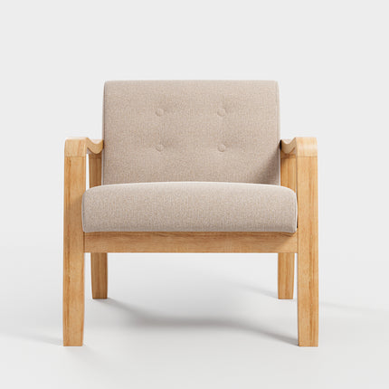 Modern Linen Fabric Buttoned Armchair Soild Wooden Frame Beige