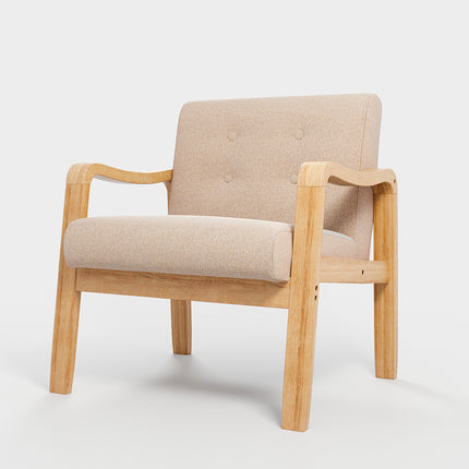 Modern Linen Fabric Buttoned Armchair Soild Wooden Frame Beige