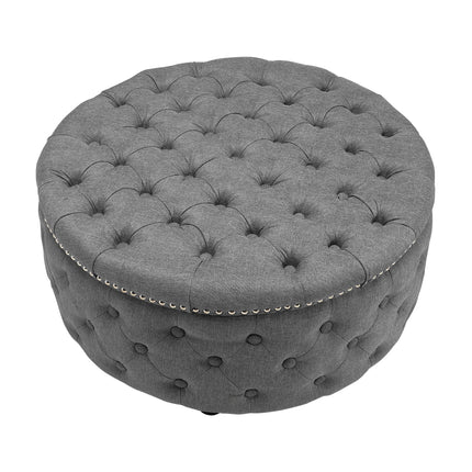 Round Chesterfield Linen Sturdy Footstool with Buttoned Edge
