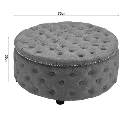 Round Chesterfield Linen Sturdy Footstool with Buttoned Edge