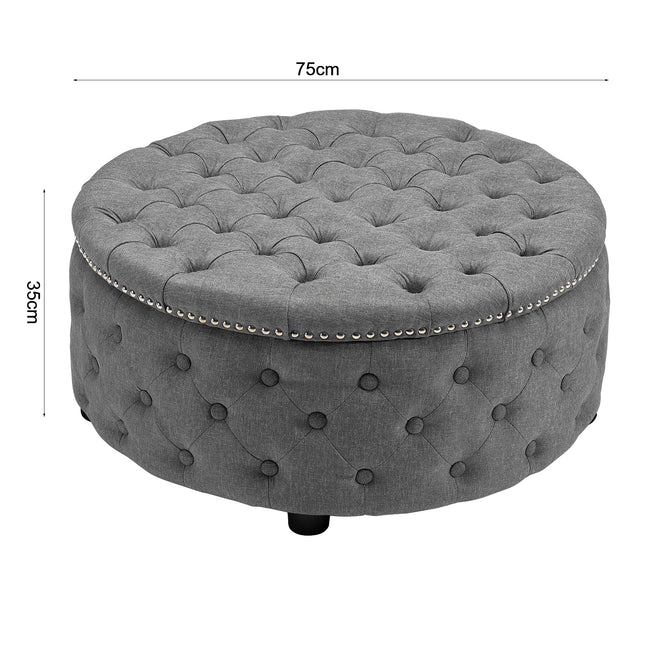 Round Chesterfield Linen Sturdy Footstool with Buttoned Edge