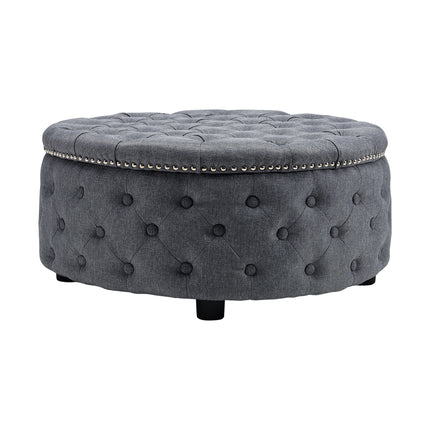 Round Chesterfield Linen Sturdy Footstool with Buttoned Edge