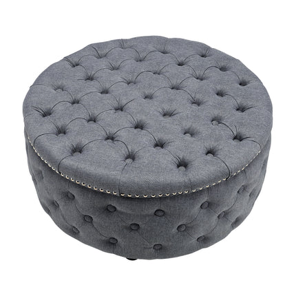 Round Chesterfield Linen Sturdy Footstool with Buttoned Edge