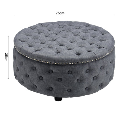 Round Chesterfield Linen Sturdy Footstool with Buttoned Edge