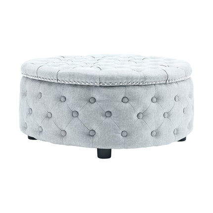 Round Chesterfield Linen Sturdy Footstool with Buttoned Edge