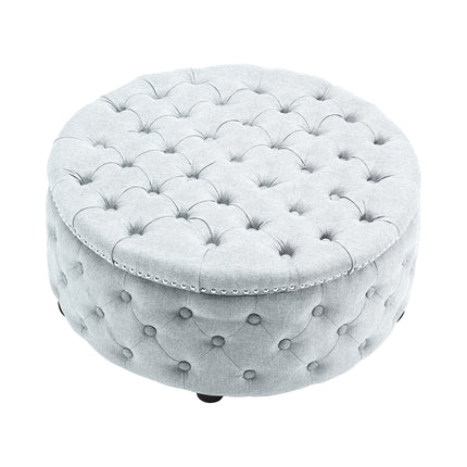 Round Chesterfield Linen Sturdy Footstool with Buttoned Edge