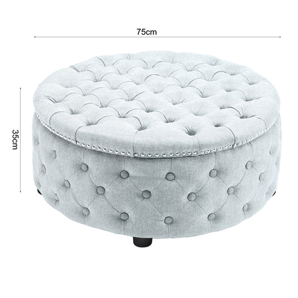 Round Chesterfield Linen Sturdy Footstool with Buttoned Edge