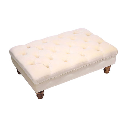 Velvet Buttoned Thick Padded Footstool with Wood Legs Beige