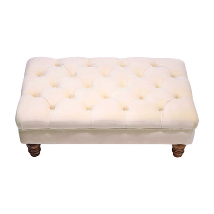 Velvet Buttoned Thick Padded Footstool with Wood Legs Beige