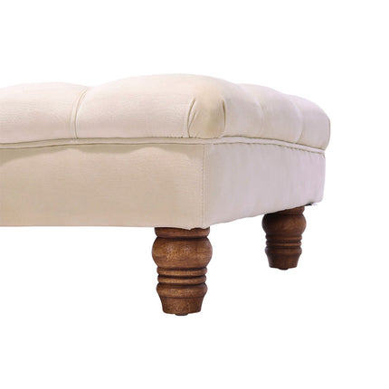 Velvet Buttoned Thick Padded Footstool with Wood Legs Beige