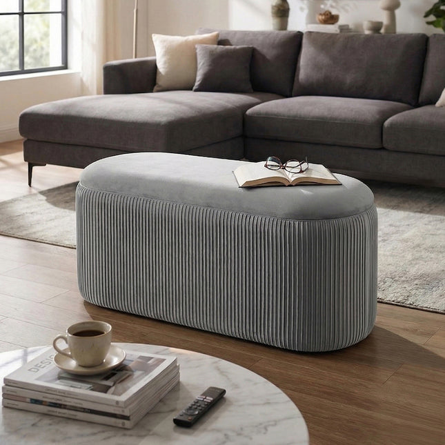 Elliptical Velvet Ottoman Storage Bench Grey