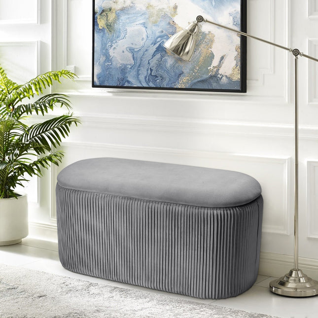 Elliptical Velvet Ottoman Storage Bench, Grey