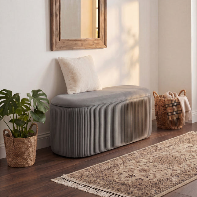 Elliptical Velvet Ottoman Storage Bench Grey