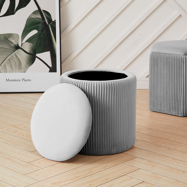 Round Velvet Ottoman Storage Footstool Grey