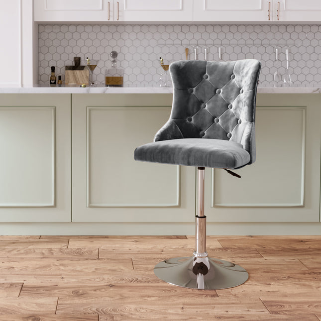 Velvet Swivel Adjustable Bar Stool with Chrome Base Grey 79-93cm H