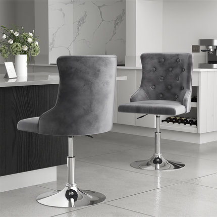 Velvet Swivel Adjustable Bar Stool with Chrome Base Grey 79-93cm H
