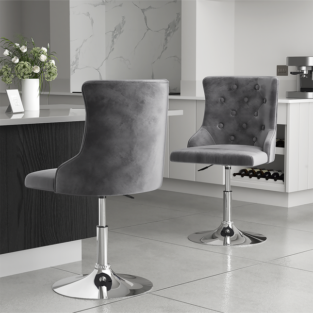 Velvet Swivel Adjustable Bar Stool with Chrome Base Grey 79-93cm H