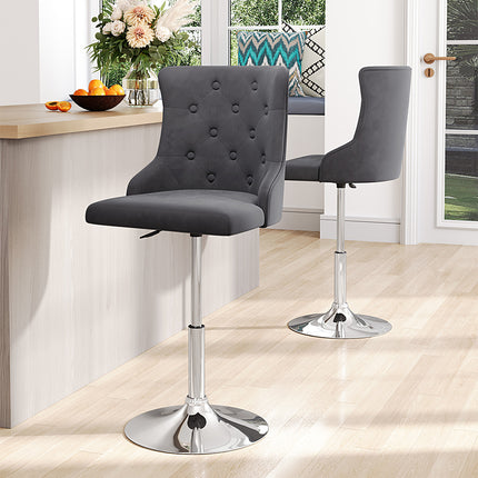 Velvet Swivel Adjustable Bar Stool with Chrome Base Grey 79-93cm H