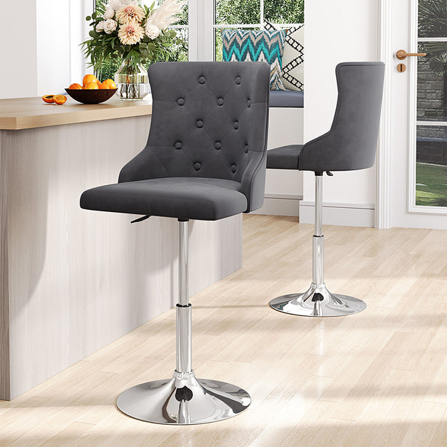 Velvet Swivel Adjustable Bar Stool with Chrome Base Grey 79-93cm H