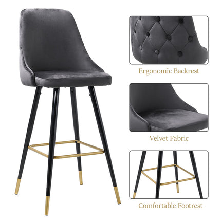 Set of 2 Velvet High foot Bar Stool Buttoned Back Grey 115cm H