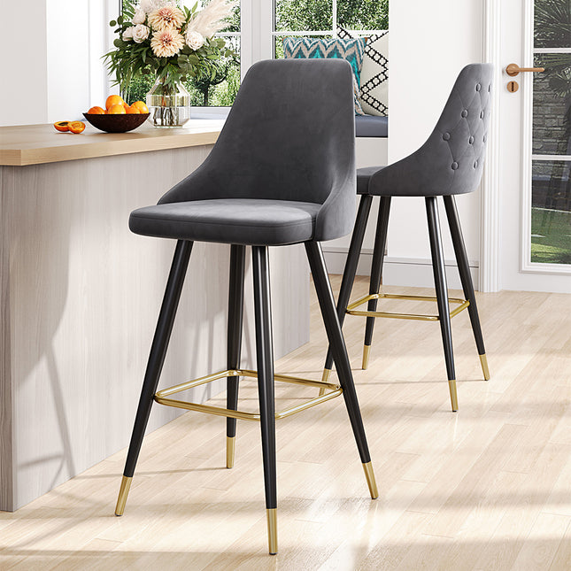 Set of 2 Velvet High foot Bar Stool Buttoned Back Grey 115cm H