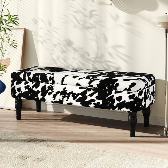 Cow Print Velvet Upholstered Storage Bench 110x46cm