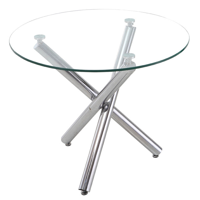 Tempered Glass Crossover Round Dining Table with 3 Chrome Legs