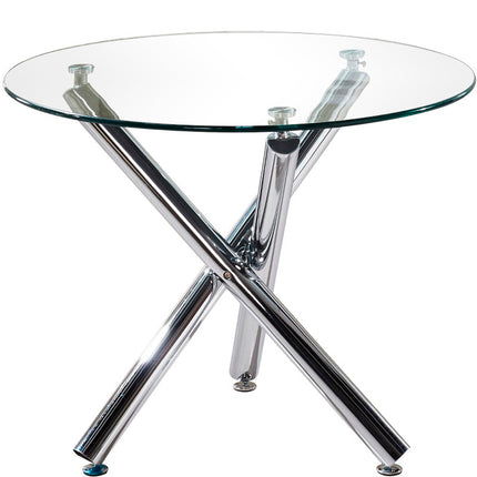 Tempered Glass Crossover Round Dining Table with 3 Chrome Legs