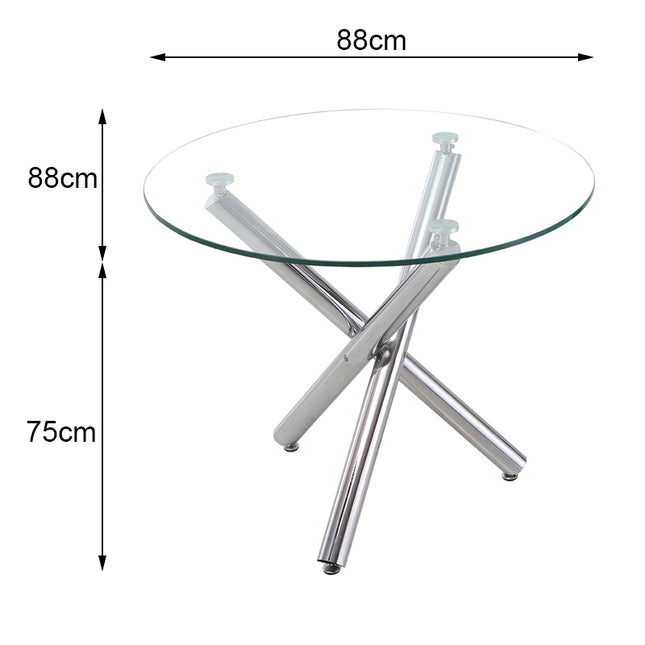 Tempered Glass Crossover Round Dining Table with 3 Chrome Legs