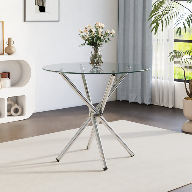 Tempered Glass Crossover Round Dining Table with 4 Chrome Legs