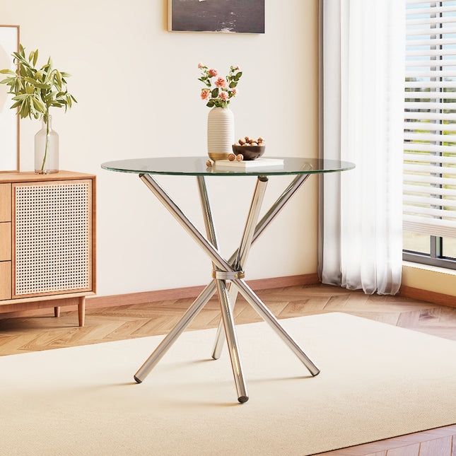 Tempered Glass Crossover Round Dining Table with 4 Chrome Legs