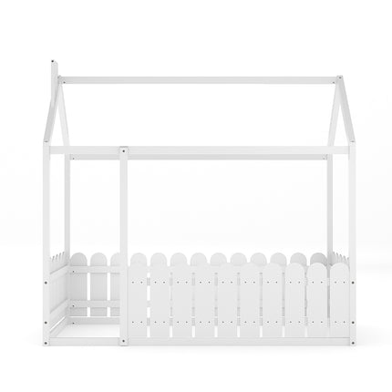 Wooden House Toddler Bed with Fence and Roof
