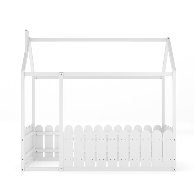 Wooden House Toddler Bed with Fence and Roof