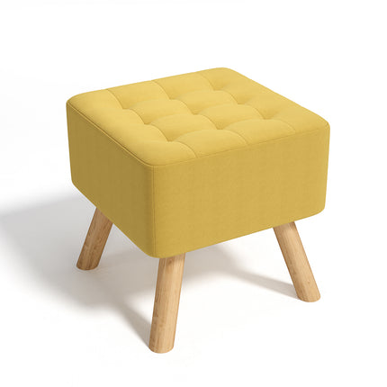 Yellow Square Linen Upholstered Footstool with Wooden Legs