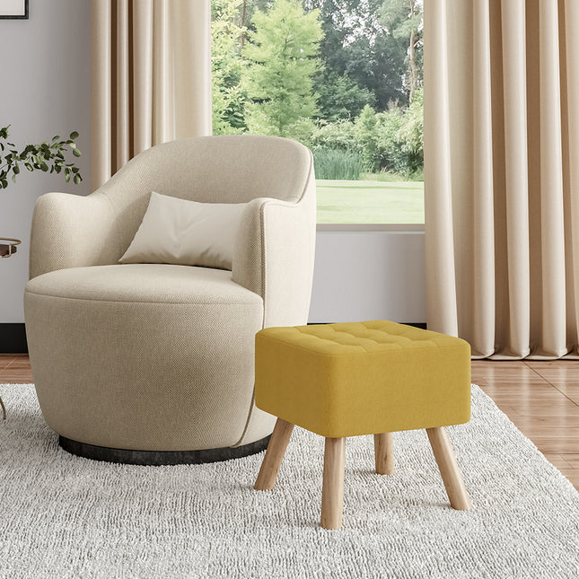 Yellow Square Linen Upholstered Footstool with Wooden Legs