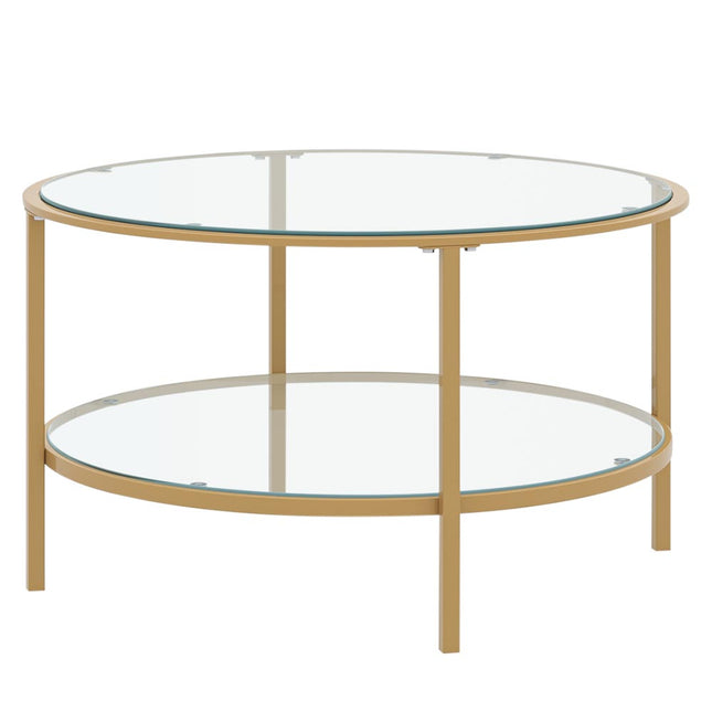 2 Tier Round Glass Coffee Table Side Table Gold Frame