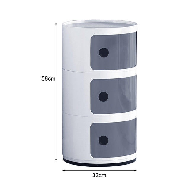 32cm Cylindrical 3 tiered Drawer Storage Drawer Unit White and Grey