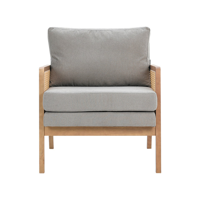 Fabric Cushioned Wood Armchair with Rattan Sides,Light Grey