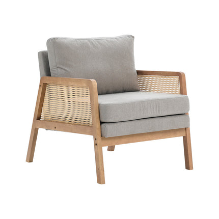Fabric Cushioned Wood Armchair with Rattan Sides,Light Grey