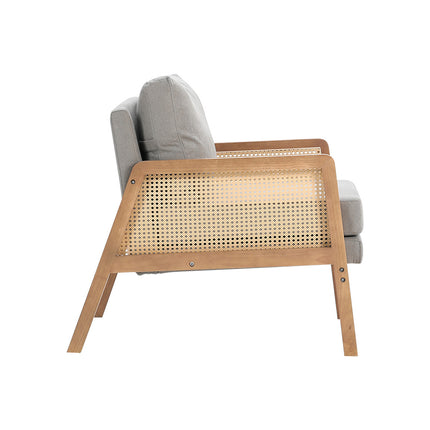 Fabric Cushioned Wood Armchair with Rattan Sides,Light Grey