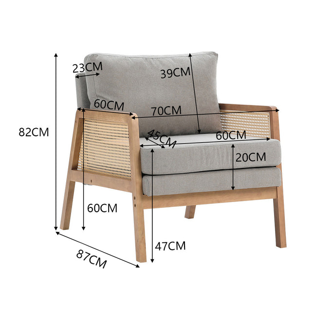 Fabric Cushioned Wood Armchair with Rattan Sides,Light Grey