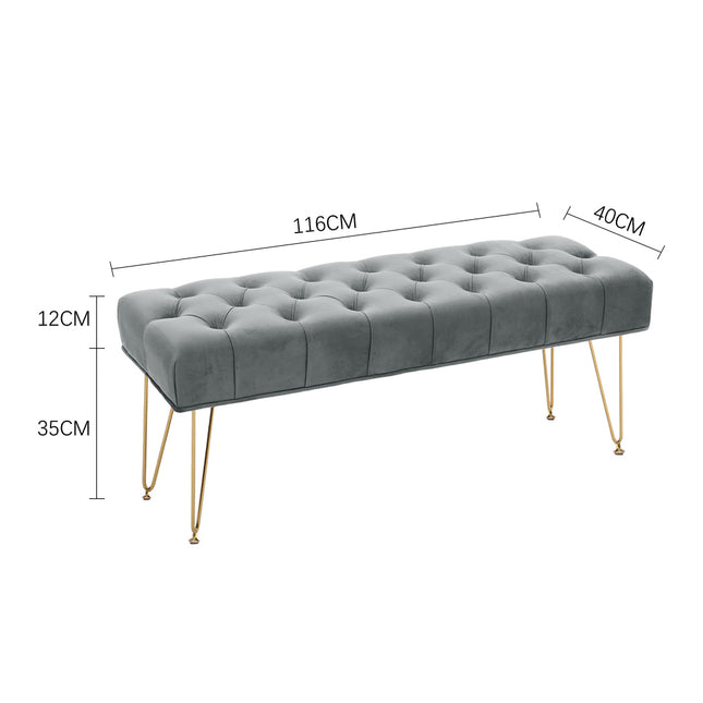 Velvet Buttoned Ottoman Footstool Gold Chrome Legs,Grey,116x40cm