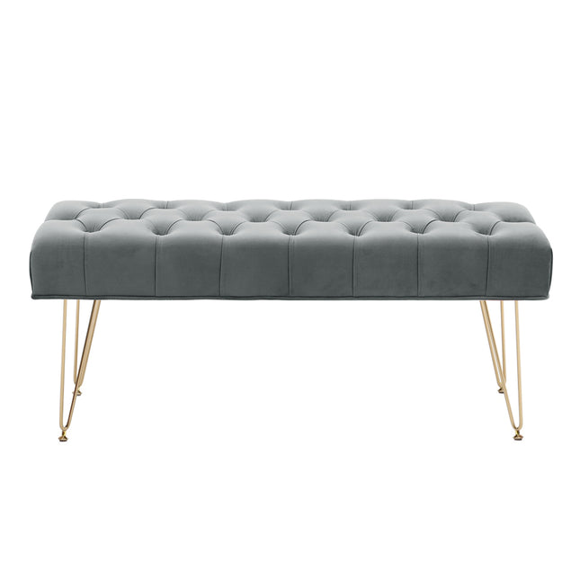 Velvet Buttoned Ottoman Footstool Gold Chrome Legs,Grey,116x40cm