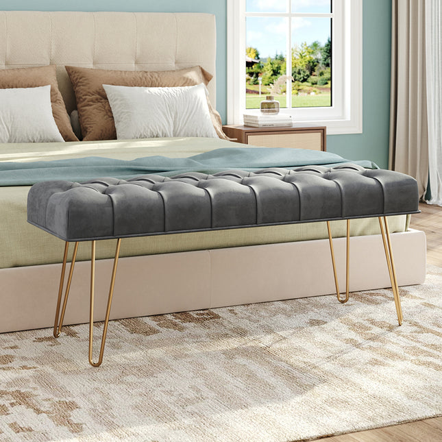 Button Tufted Velvet Upholstered Bench with Gold Hairpin Legs