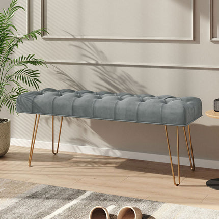 Button Tufted Velvet Upholstered Bench with Gold Hairpin Legs