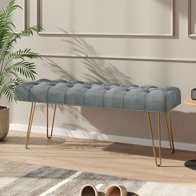 Button Tufted Velvet Upholstered Bench with Gold Hairpin Legs