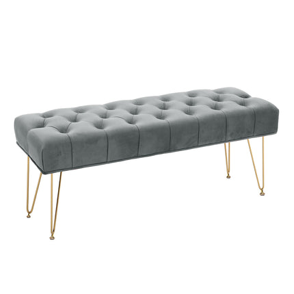 Button Tufted Velvet Upholstered Bench with Gold Hairpin Legs